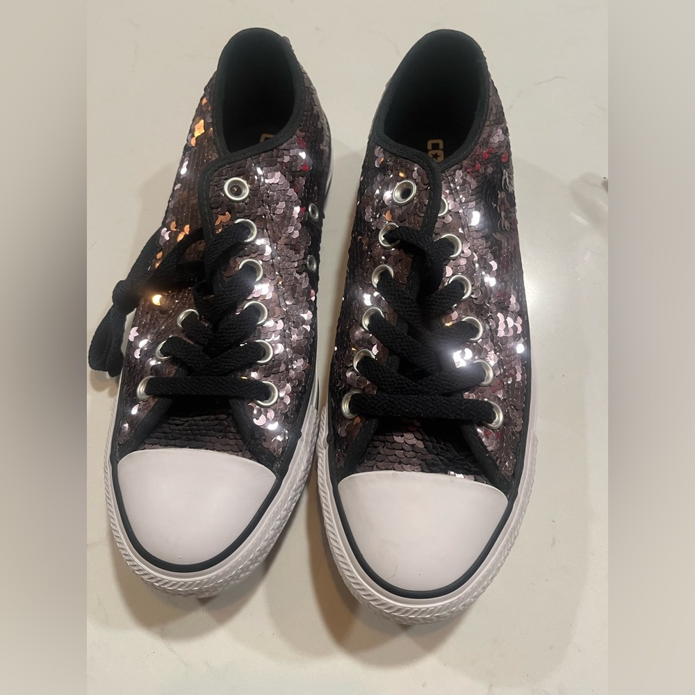 New Converse All Star CTAS OX Gunmetal sequined Sneakers Womens Sz 6.5 557988C